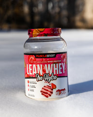 Musclesport Lean Whey Revolution label closeup confirms ingredients and nutritional focus.