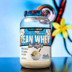 Musclesport Lean Whey Revolution shake glass reveals creamy, low-calorie protein option.