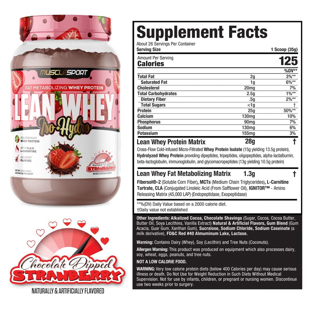 Musclesport Lean Whey Revolution tub label highlights clean protein profile.
