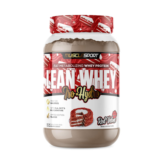 Musclesport Lean Whey Revolution tub in red velvet flavor, front view for post-workout protein.