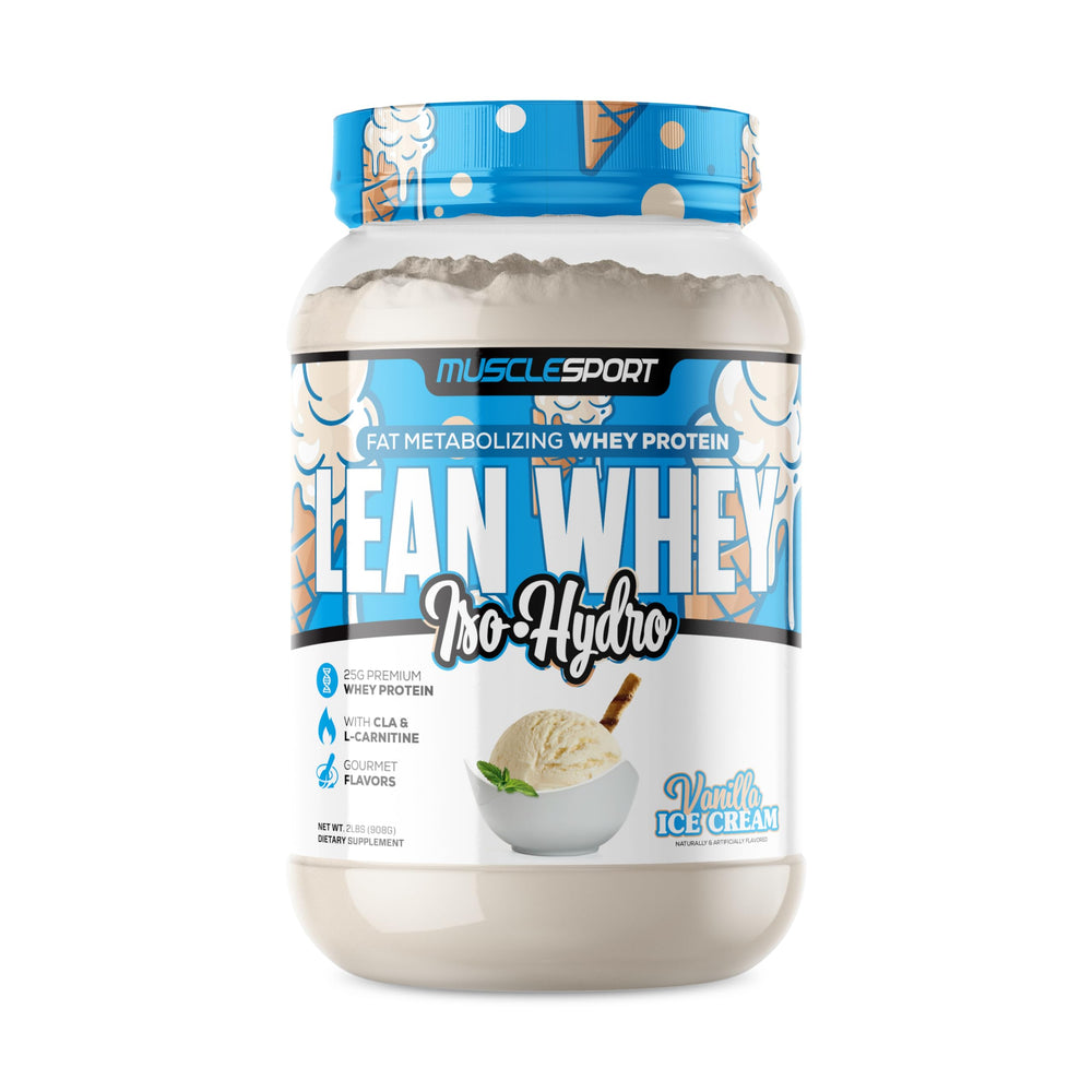Musclesport Lean Whey Revolution vanilla scoop for a high-protein workout shake.
