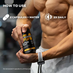 Packaging box with AlphaTest branding on gym shelf.