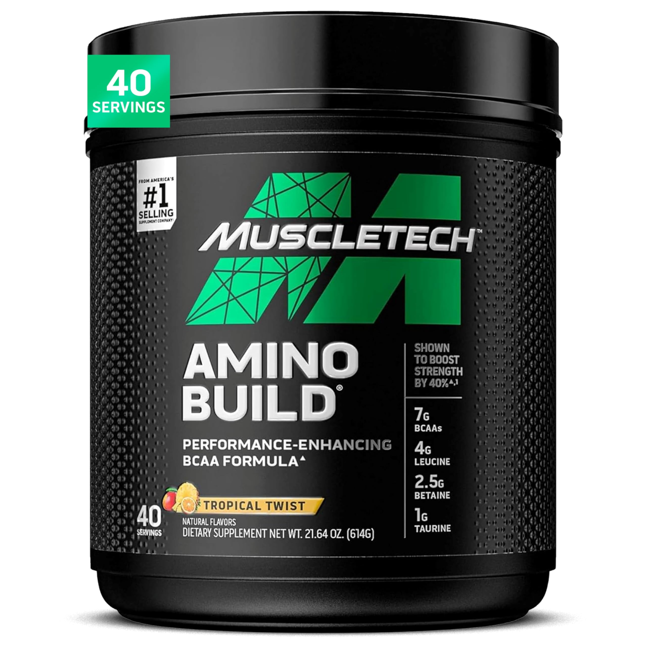 MuscleTech Amino Build Tropical Twist bottle displayed on a gym shelf to cue flavor and fueling