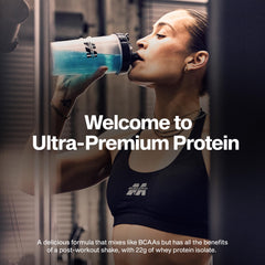MuscleTech Clear Whey label close-up shows 22g protein and 90 calories.