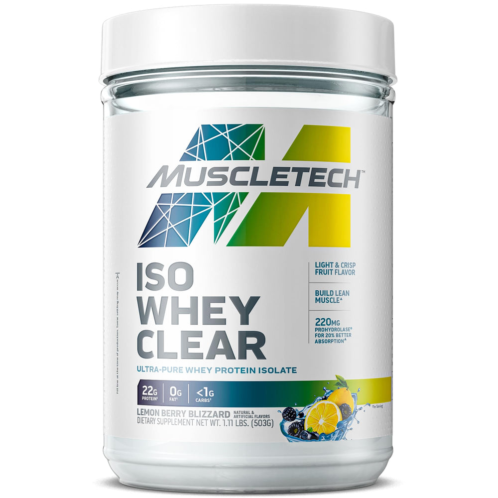 MuscleTech Clear Whey Lemon Berry Blizzard in a glass for refreshing protein hydration.