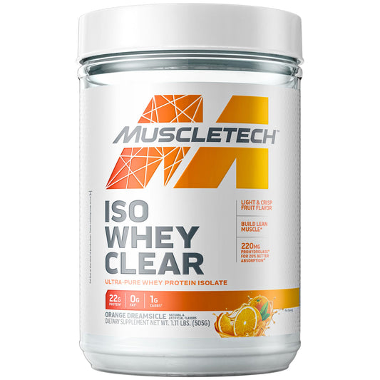 MuscleTech Iso Whey Clear Orange Dreamsicle powder ready for mixing.
