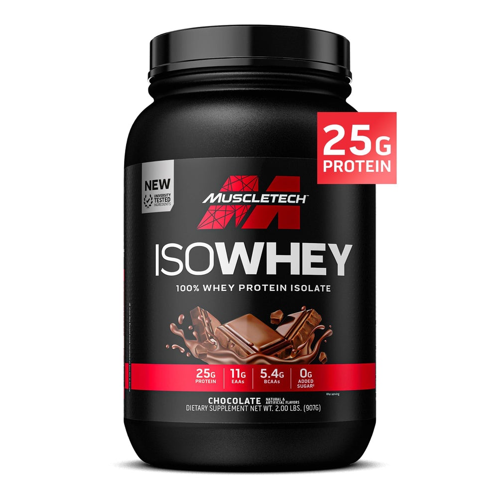 MuscleTech IsoWhey bottle showing the premium protein tub for post-workout fueling.