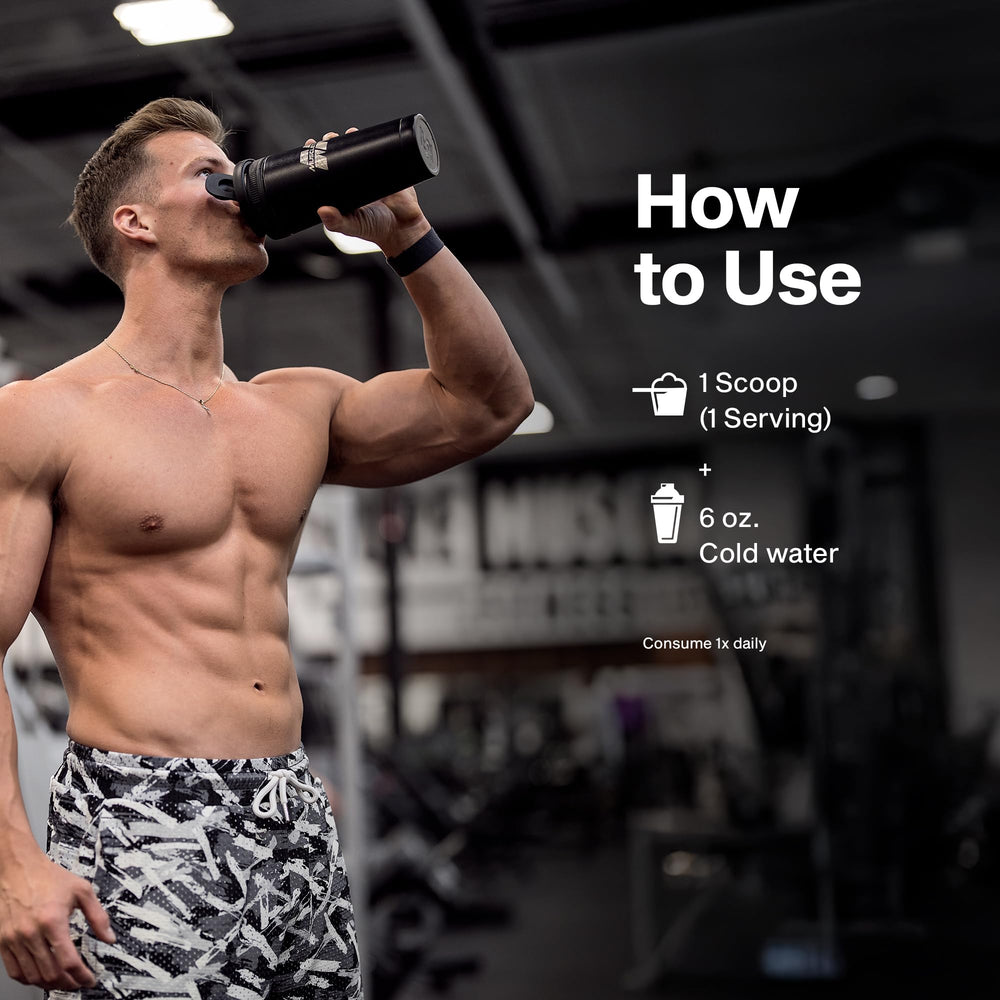 MuscleTech IsoWhey tub setup with a serving cup for daily protein routine.