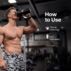 MuscleTech IsoWhey tub setup with a serving cup for daily protein routine.