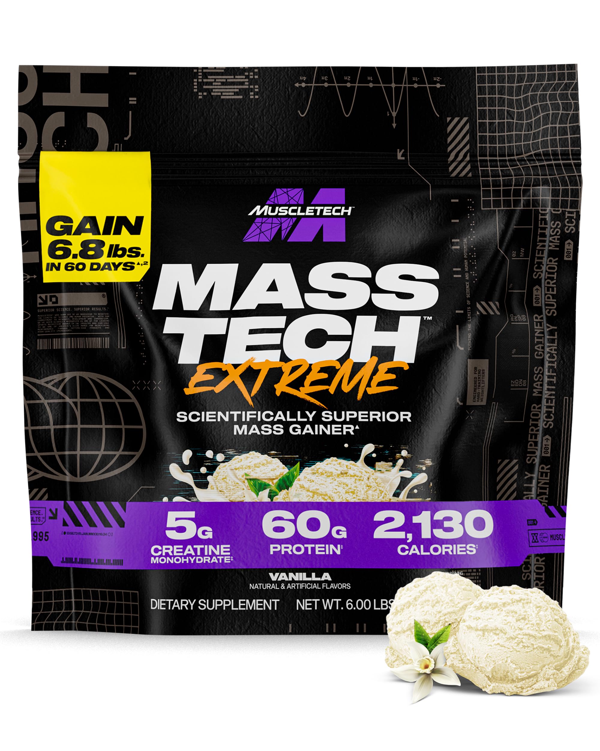 MuscleTech Mass Tech Extreme 2000 vanilla milkshake bottle showing high-calorie mass support.