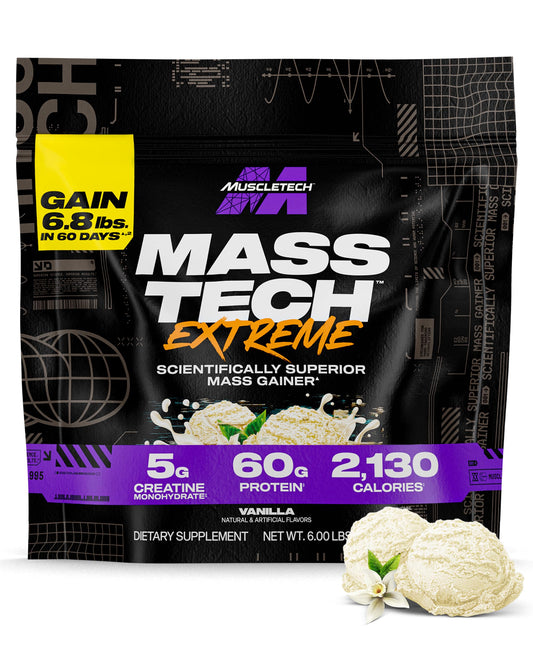 MuscleTech Mass Tech Extreme 2000 vanilla milkshake bottle showing high-calorie mass support.