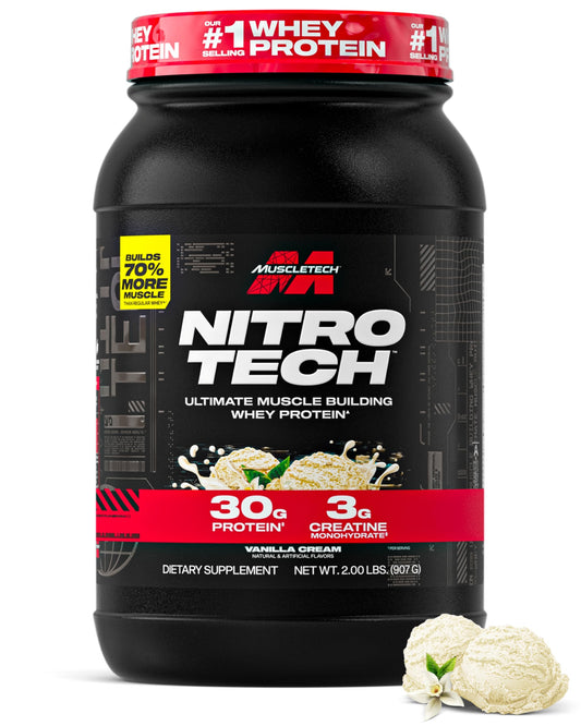 MuscleTech Nitro-Tech Vanilla Cream bottle with scoop showing premium protein for post‑workout recovery