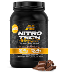 MuscleTech Nitro-Tech Whey Gold bottle highlights fast-absorbing protein for quick recovery.