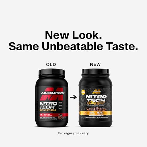 MuscleTech Nitro-Tech Whey Gold packaging shows gluten-free protein blend for lean muscle.
