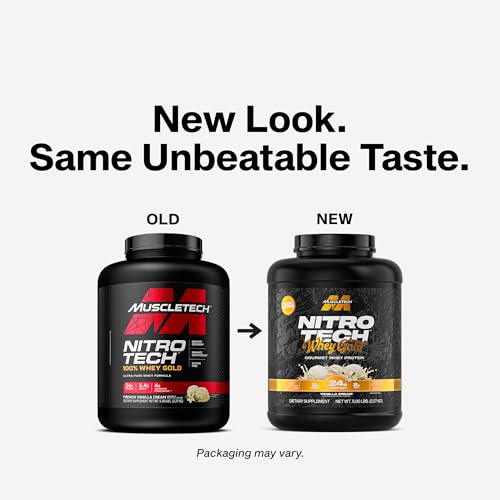 MuscleTech Nitro-Tech Whey Gold Vanilla Cream being poured for quick recovery.