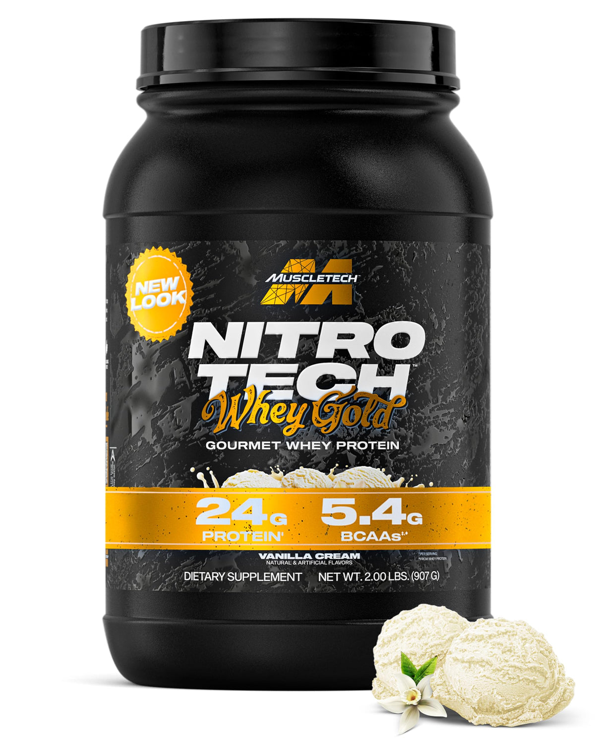 MuscleTech Nitro-Tech Whey Gold Vanilla Cream tub front for lean muscle support.