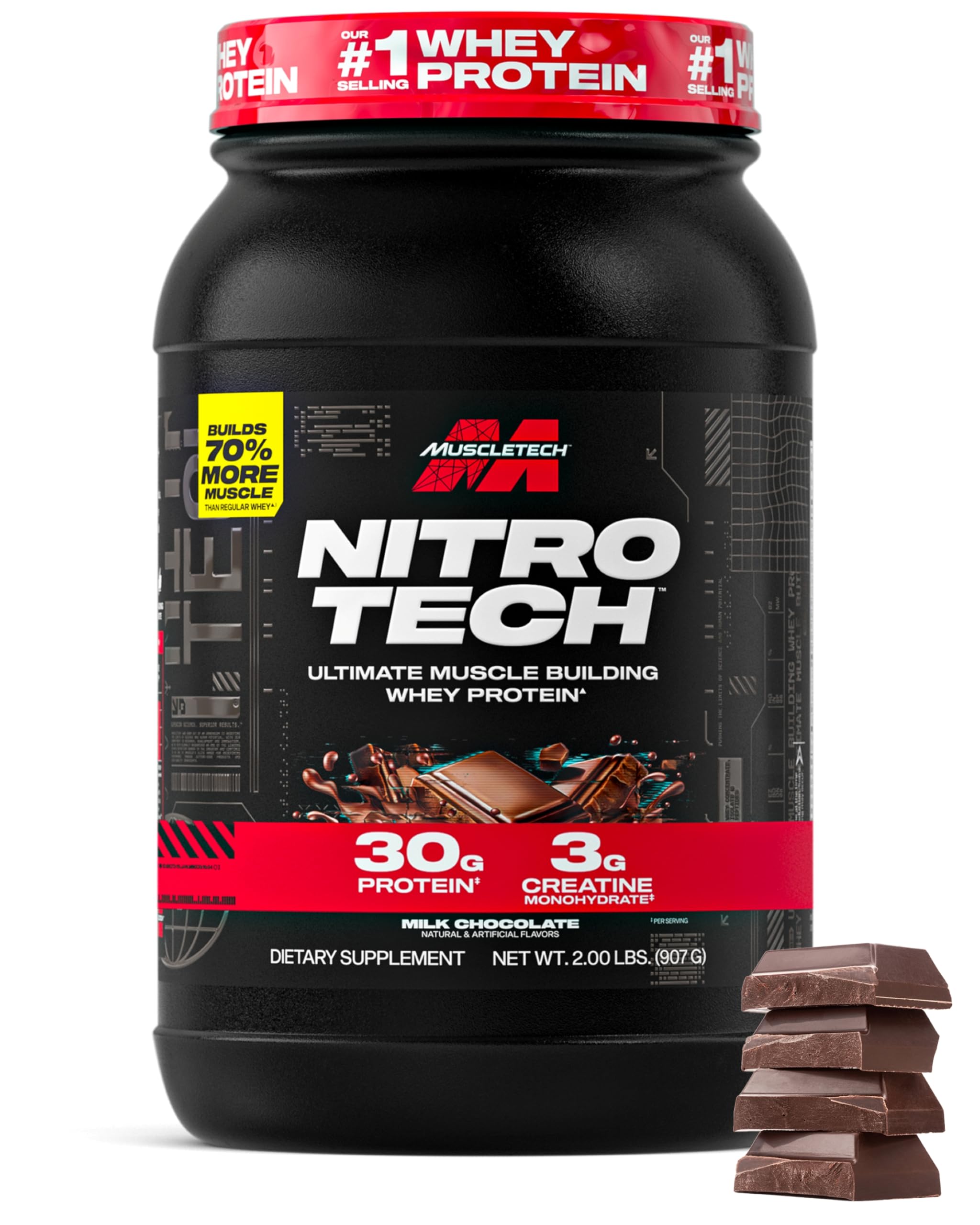 MuscleTech Nitro-Tech whey protein milk chocolate supports lean muscle after workouts.