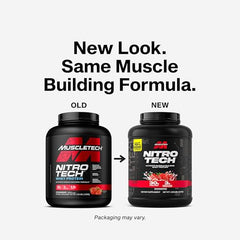 MuscleTech Nitro-Tech label close-up showing 30g protein per serving for recovery.