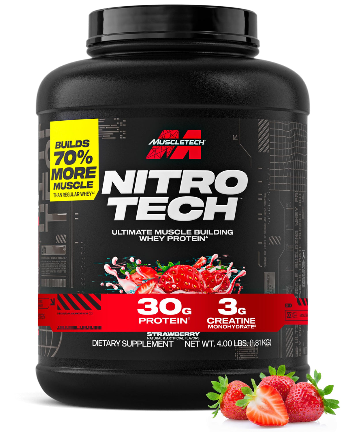 MuscleTech Nitro-Tech strawberry tub displaying a protein blend for lean muscle support.