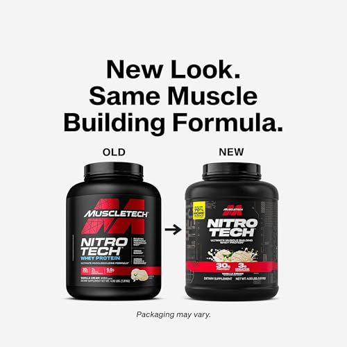 Muscletech Nitro-Tech Whey Vanilla Cream scoop for convenient post-workout protein.