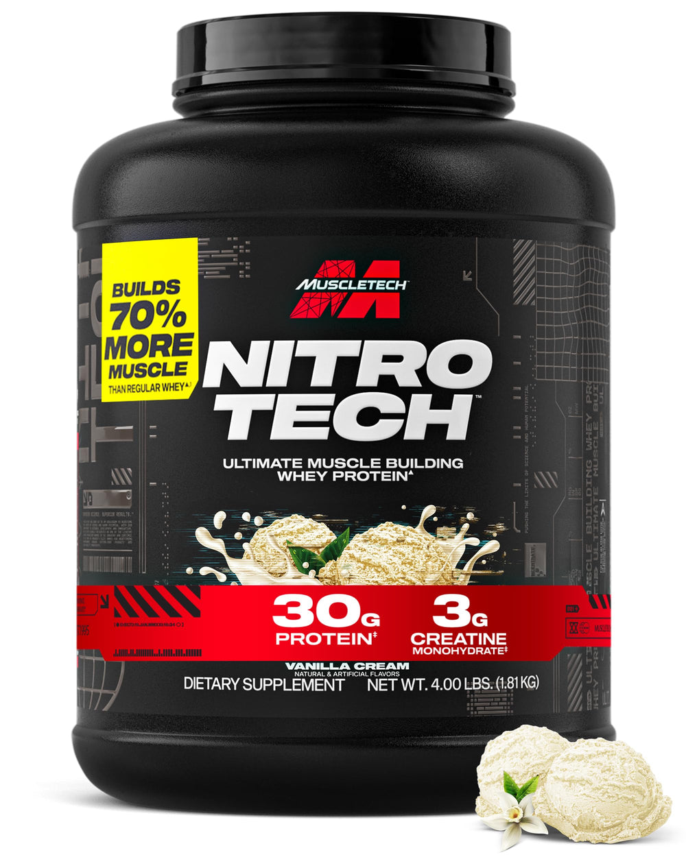 Muscletech Nitro-Tech Whey Vanilla Cream tub supports lean muscle with premium protein.