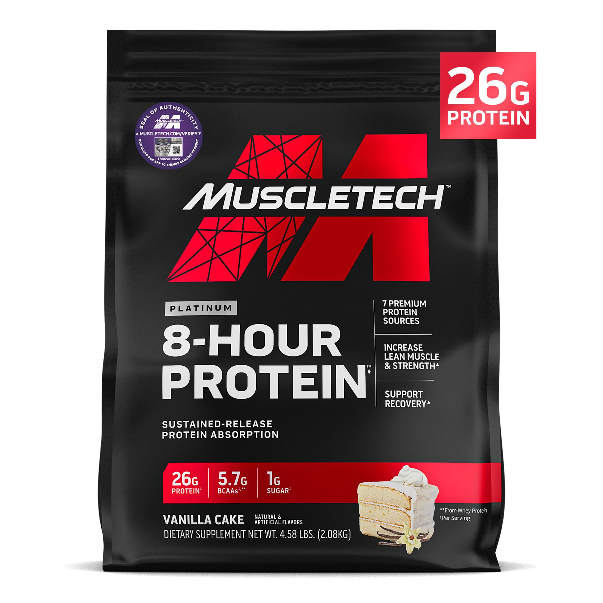 MuscleTech Platinum 8-Hour Protein Vanilla Cake tub with steady amino delivery.
