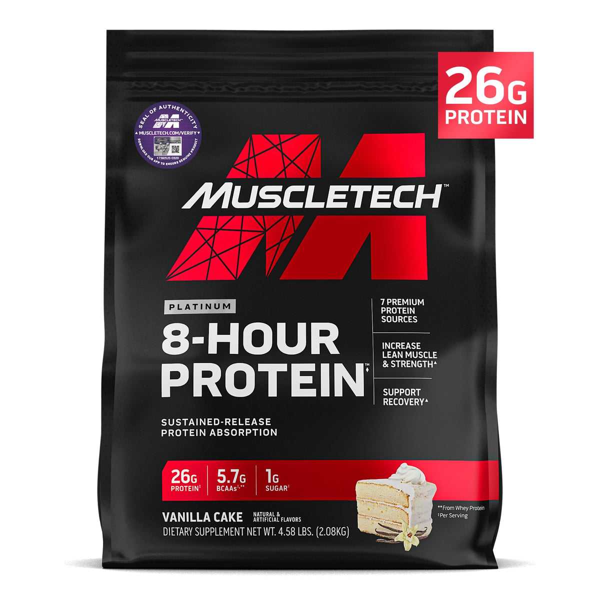 MuscleTech Platinum 8-Hour Protein Vanilla Cake tub with steady amino delivery.