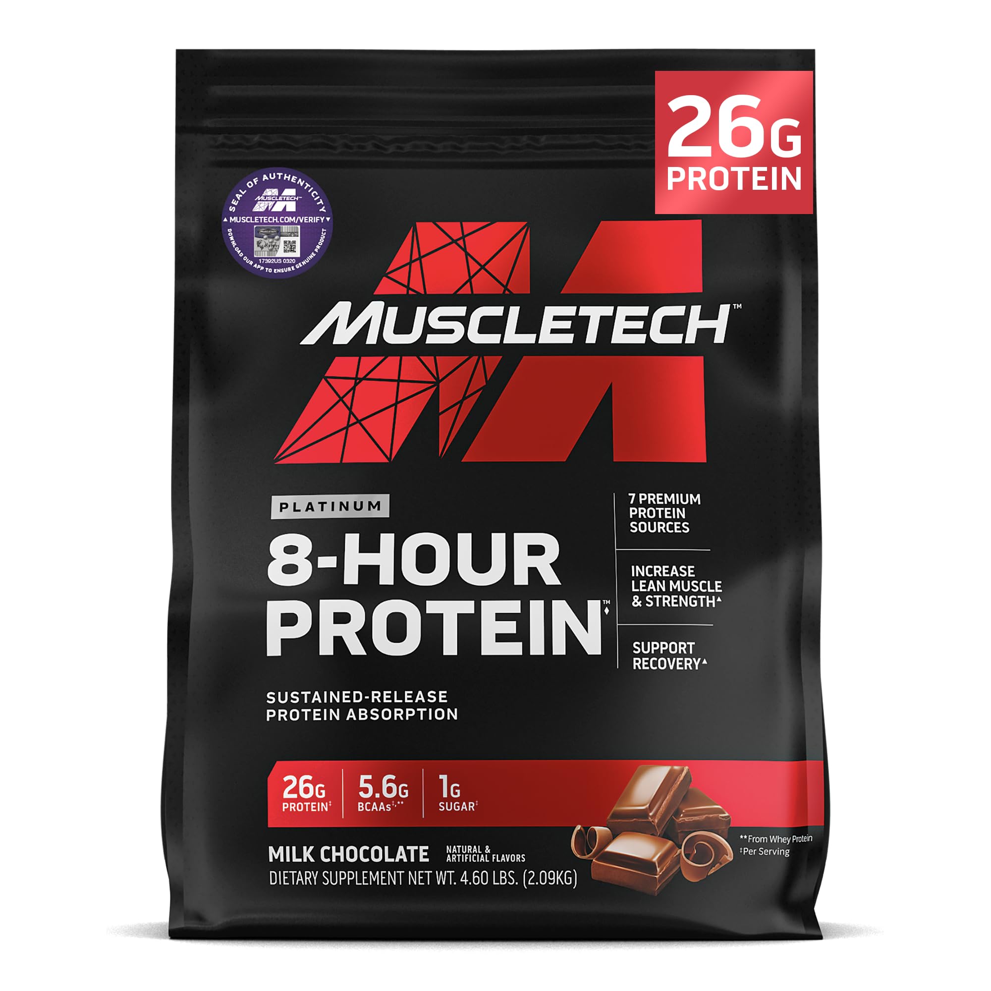 MuscleTech Platinum 8-Hour Protein milk chocolate tub with 50 servings for steady protein