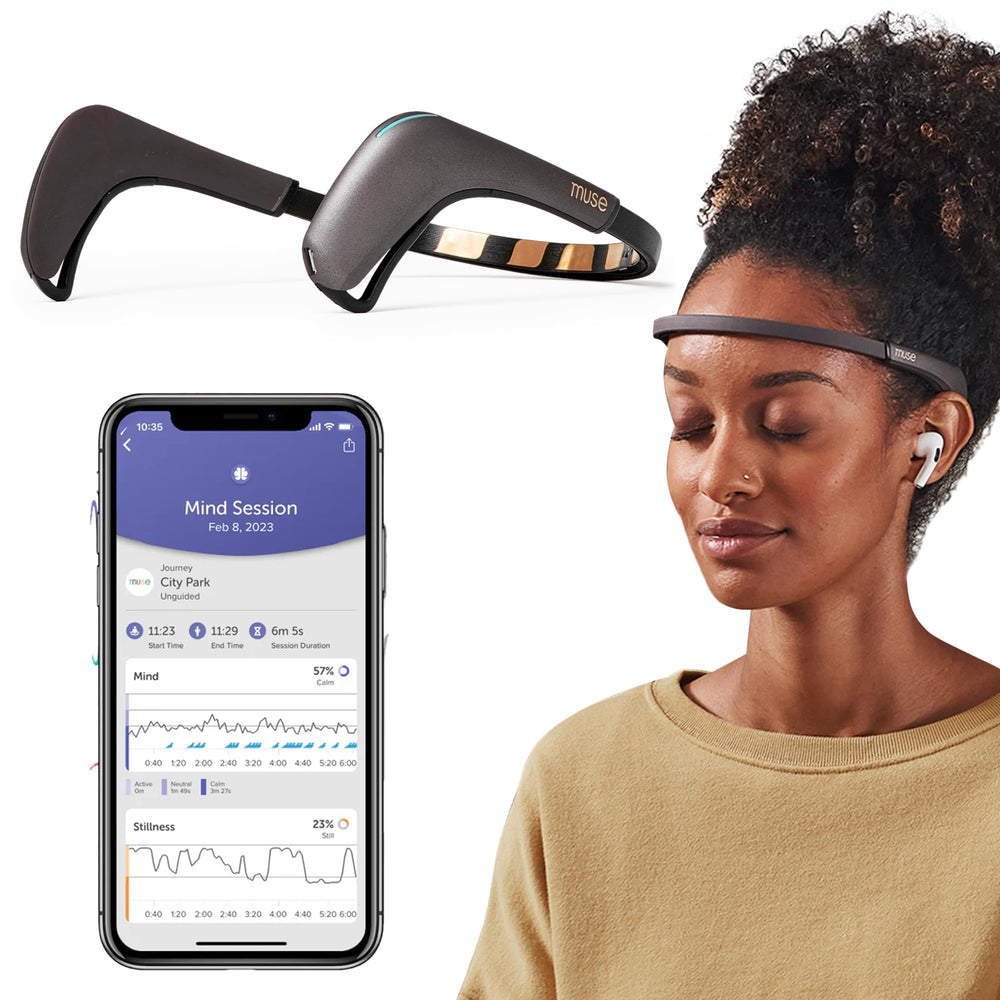 MUSE 2 headband close-up highlighting EEG sensors for meditation data.