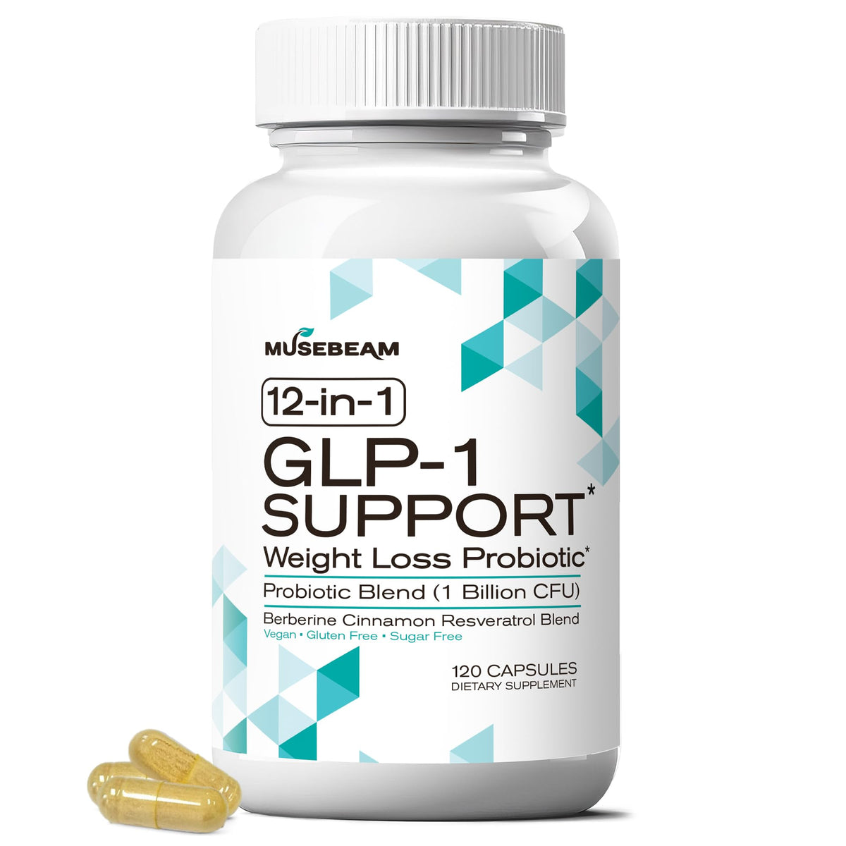 MuseBeam GLP-1 Support bottle front promotes mindful eating and daily routine.