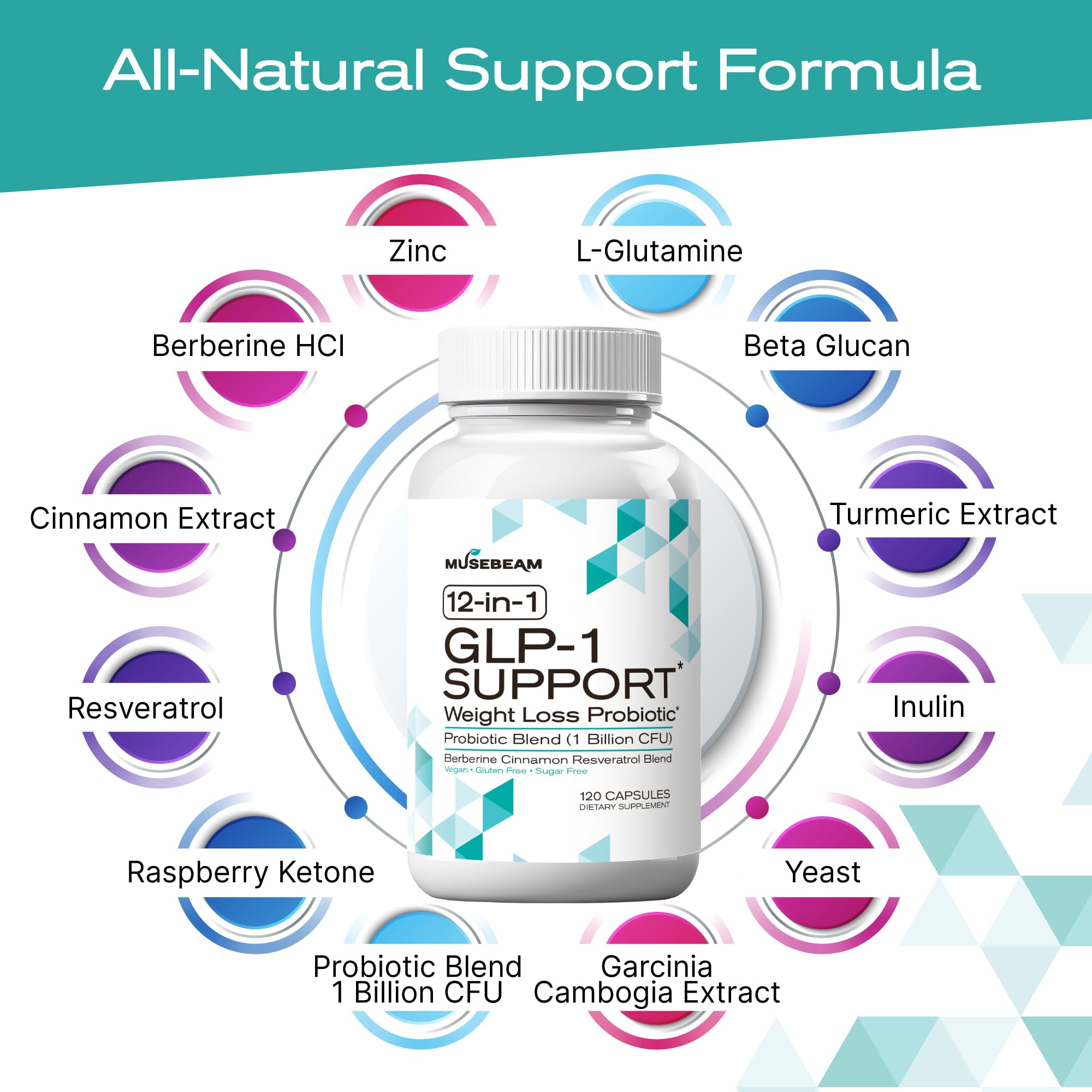 MuseBeam GLP-1 Support ingredient blend close-up showcases berberine and cinnamon benefits.