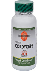 Mushroom Wisdom Super Cordyceps Caplets bottle closeup shows easy-to-swallow capsules for daily stamina