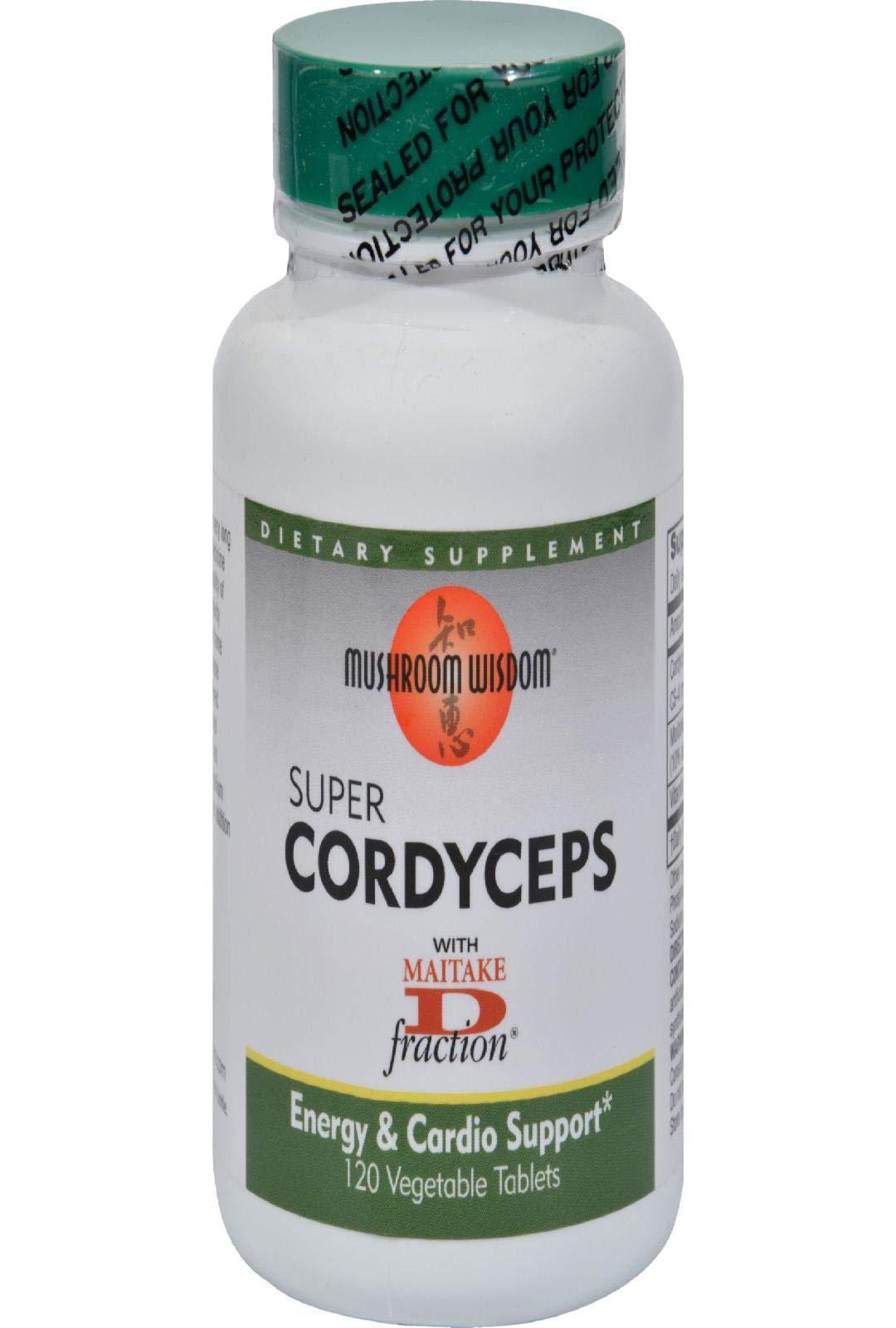 Mushroom Wisdom Super Cordyceps Caplets packaging image emphasizes Maitake D-fraction inclusion
