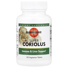Mushroom Wisdom Super Coriolus bottle with label visible, signaling immune support.