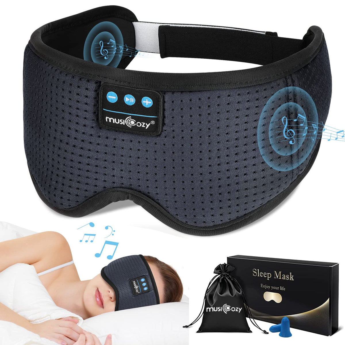 MUSICOZY Sleep Headphones eye mask soft velvet for total darkness and comfort.