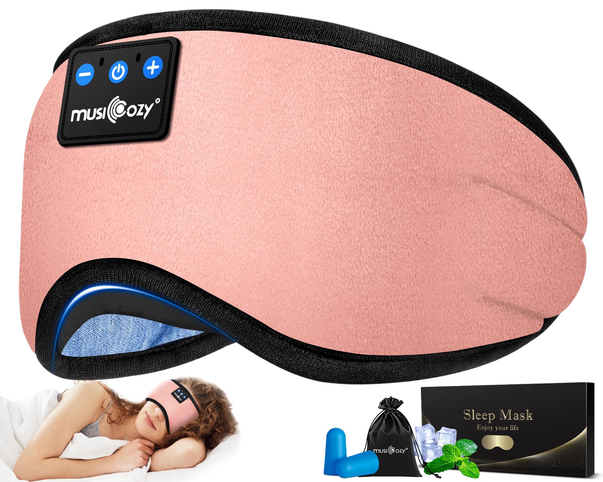 MUSICOZY Sleep Headphones worn as a night mask with built-in speakers for peaceful rest.