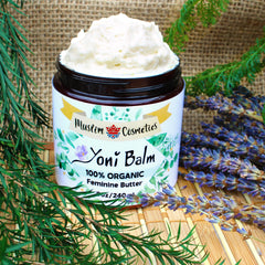 Muslim Cosmetics Organic Yoni Butter jar showing herbal blend for gentle intimate care