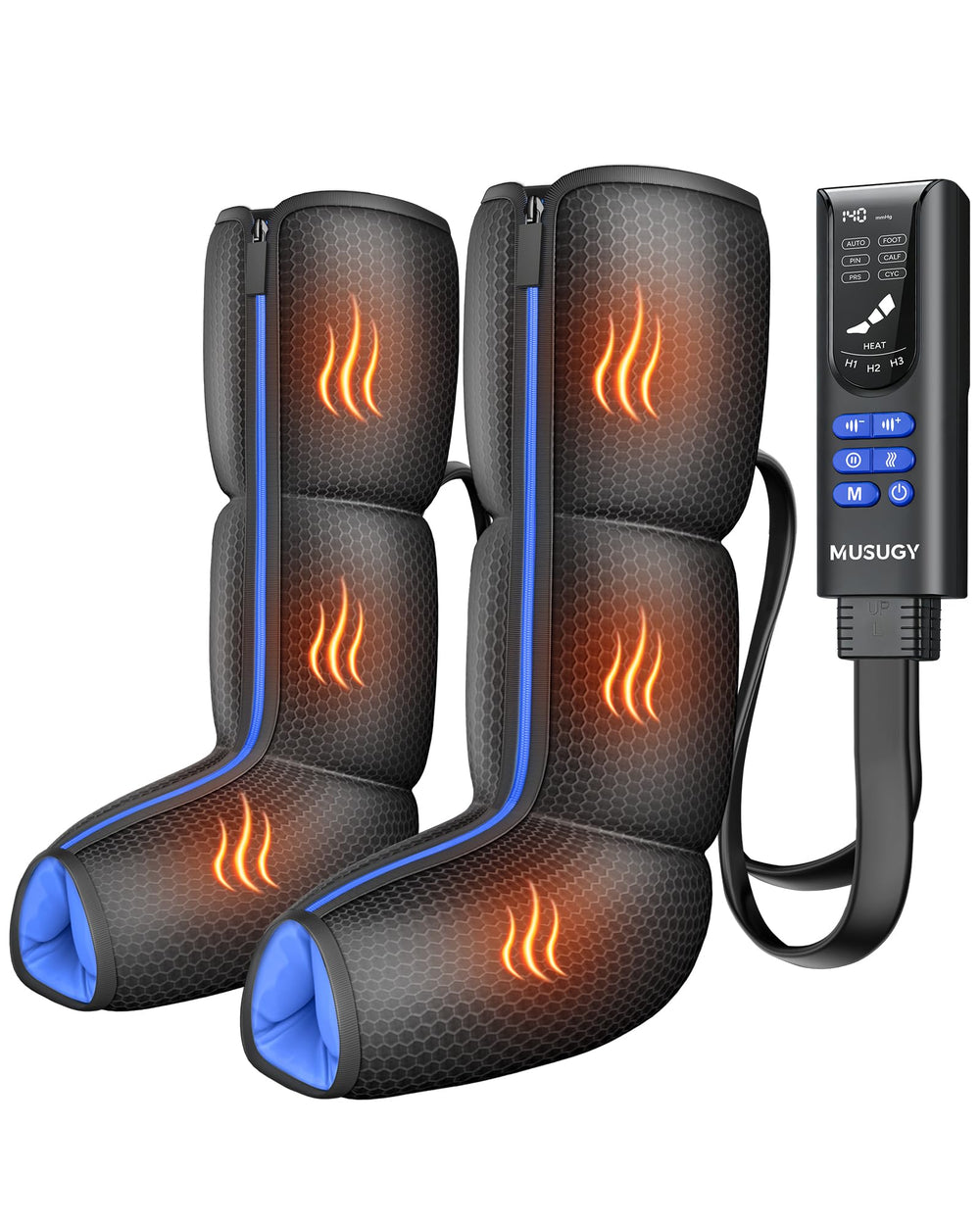 Musugy air compression leg massager front view showing wrap-around pressure