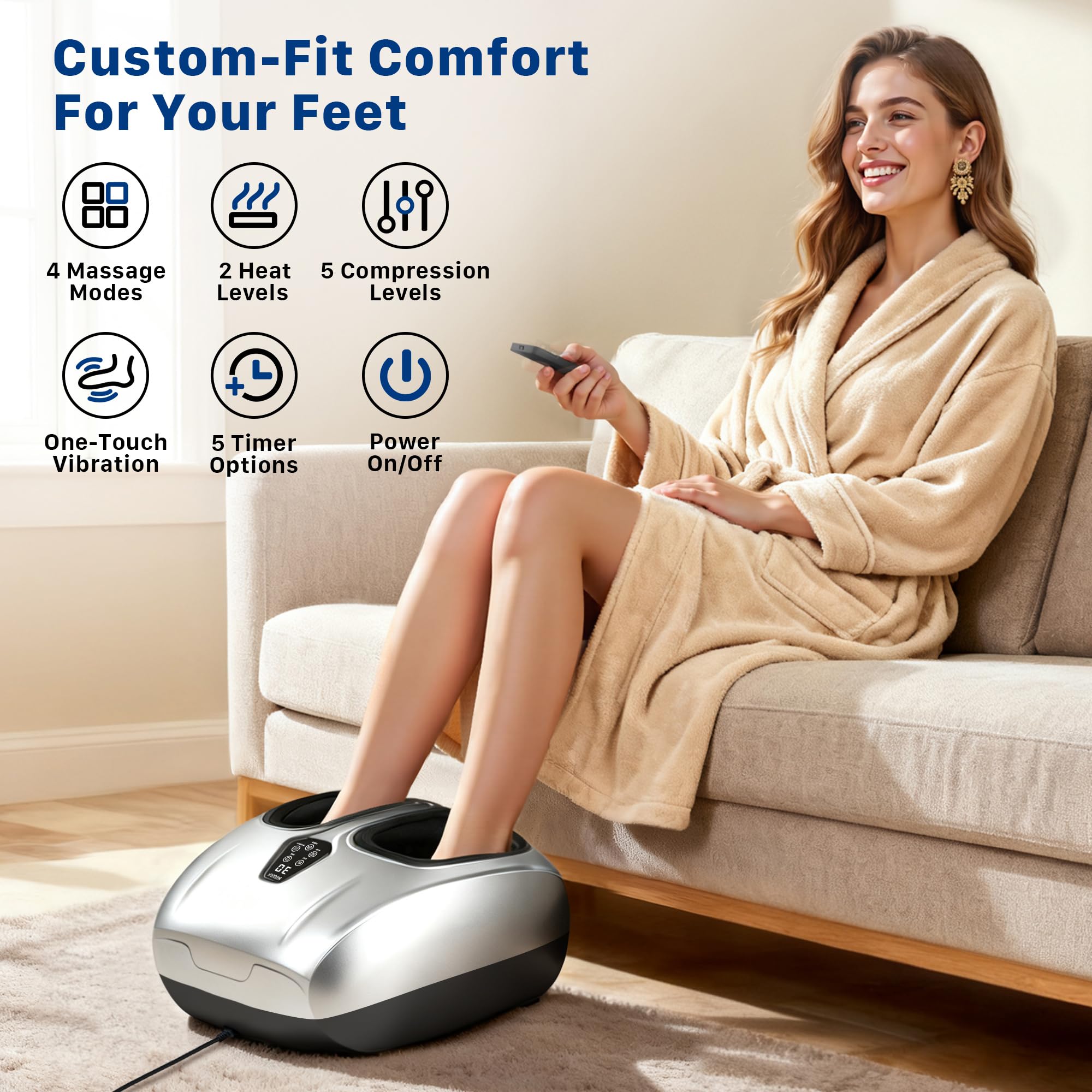 Musugy Foot Massager heat setting warms feet for comfort.