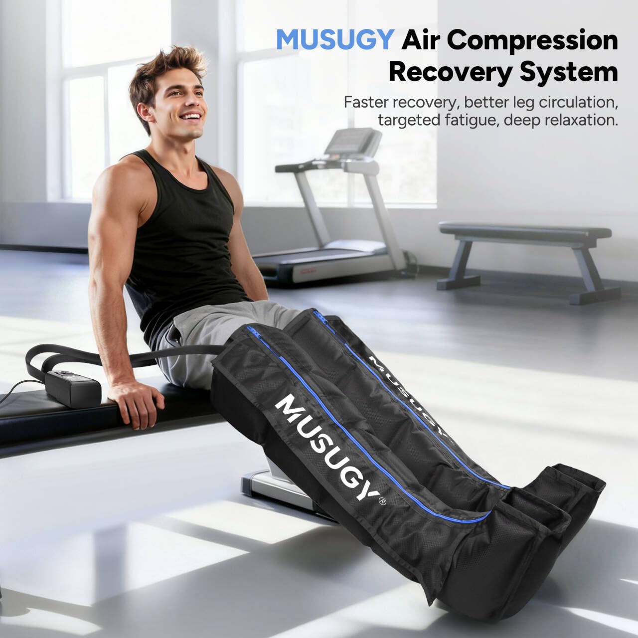 Musugy lower-calf boot applies calf compression to ease stiffness post-run.