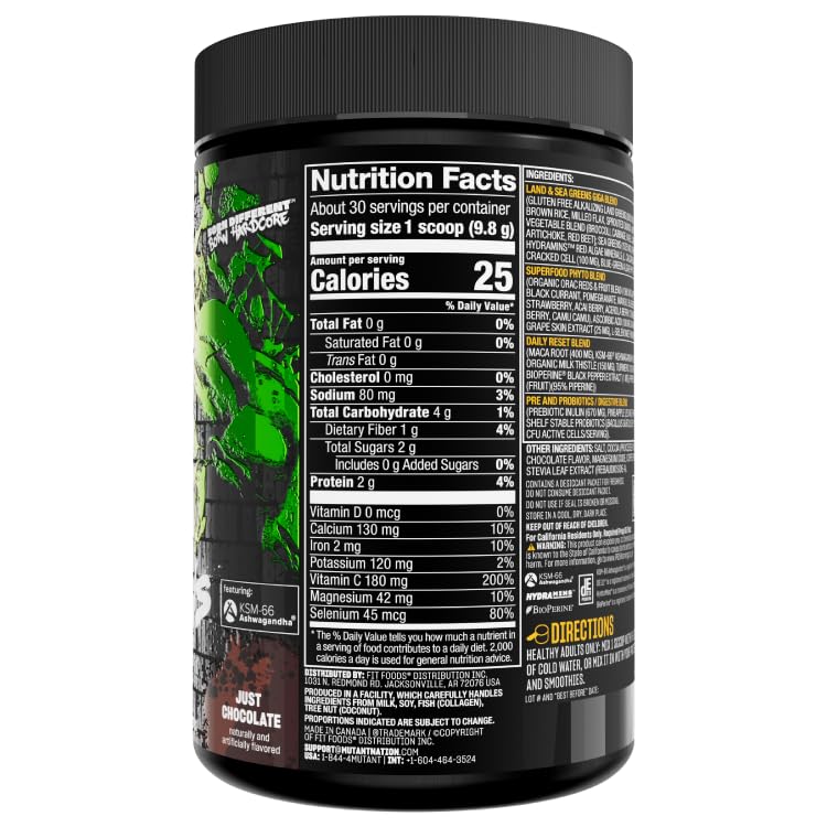 Mutant Big Greens just-chocolate powder ready for everyday mixing.