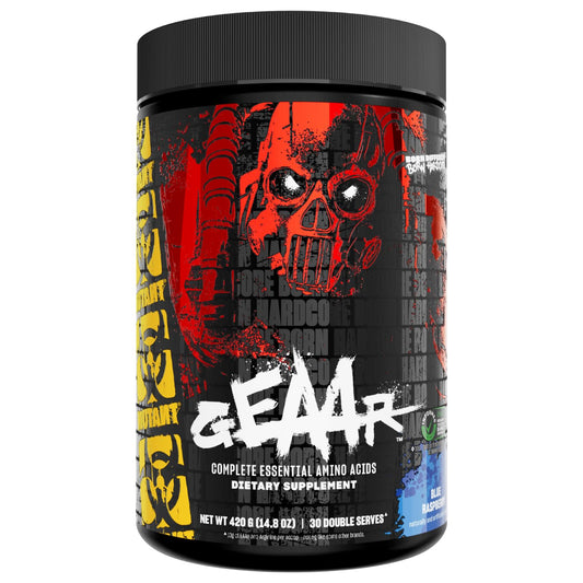 Mutant GEAAR blue raspberry tub on display highlighting convenient workout nutrition