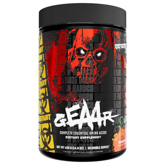 Mutant GEAAR Orange Rush packaging displayed, ideal for pre-workout fueling