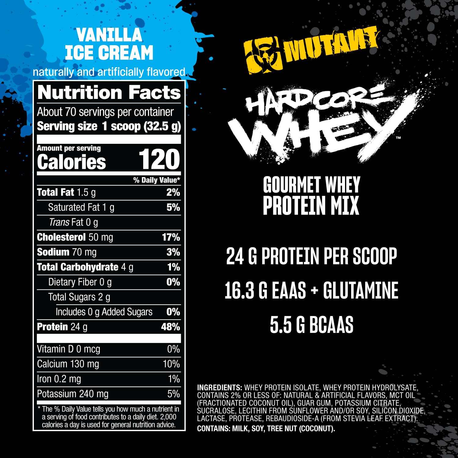 Mutant Hardcore Whey label closeup confirms transparent ingredients and quality promise.