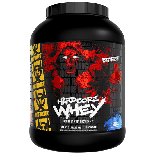 Mutant Hardcore Whey vanilla tub front highlights premium protein for daily workouts.