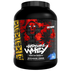 Mutant Hardcore Whey vanilla tub front highlights premium protein for daily workouts.
