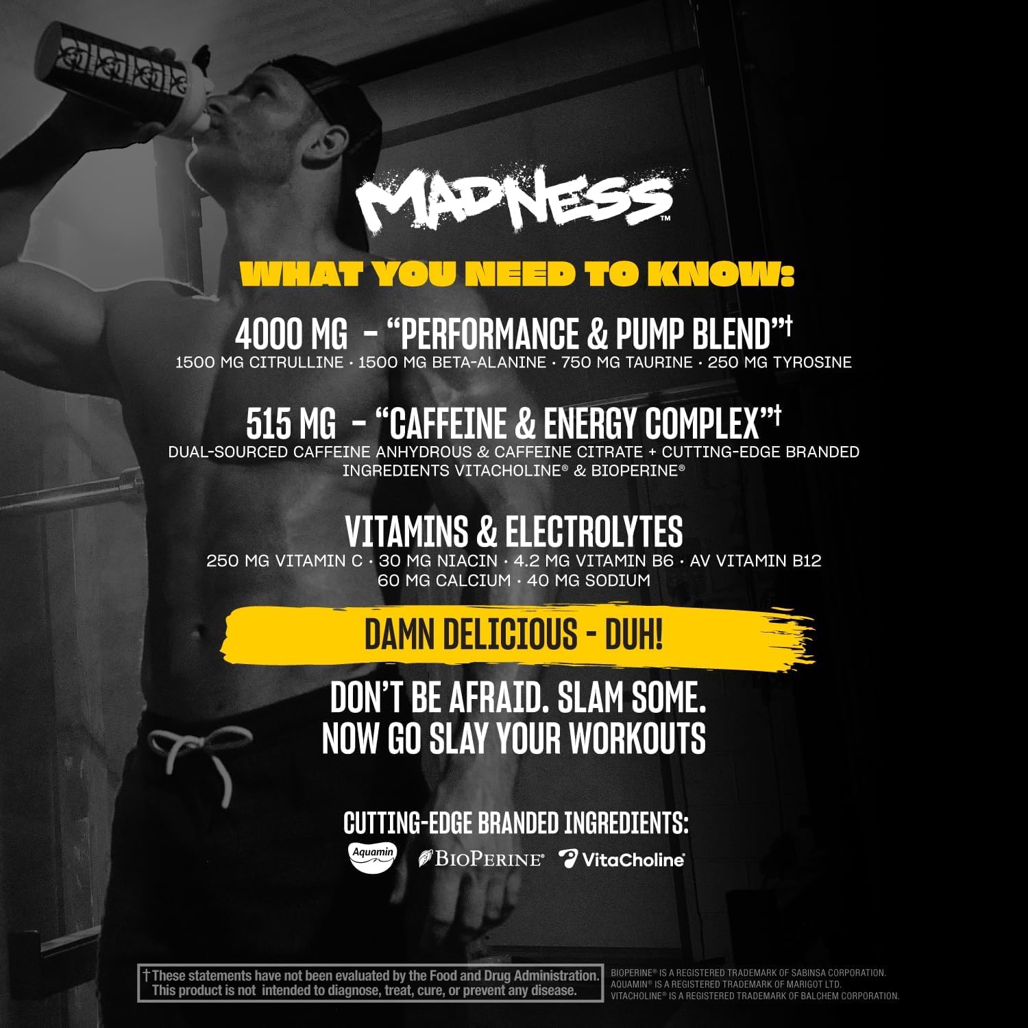Mutant Madness bottle label highlights caffeine and electrolytes for focused sessions