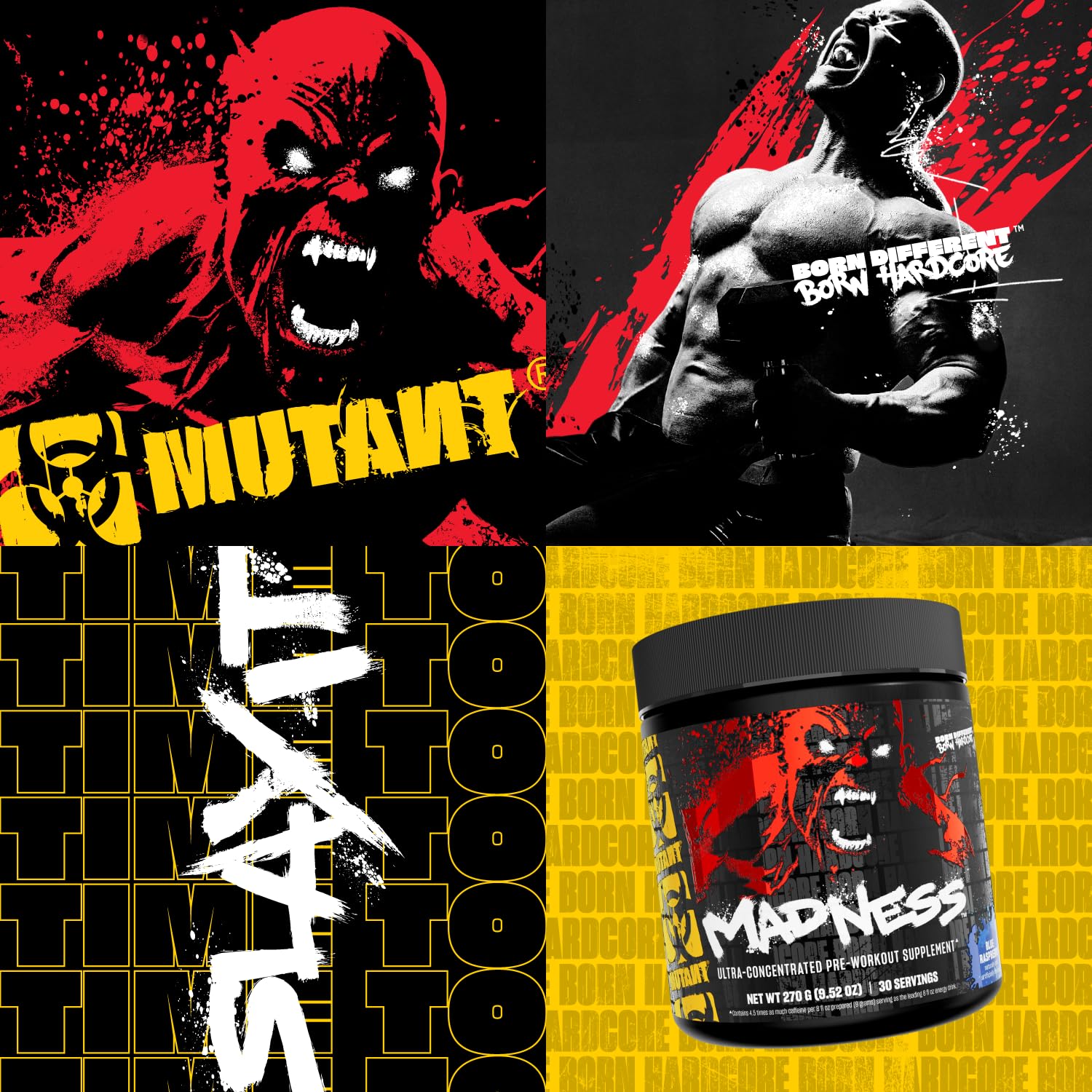 Mutant Madness energy blend shown during a gym session for workout support