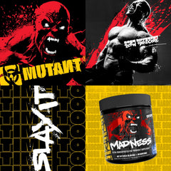 Mutant Madness energy blend shown during a gym session for workout support