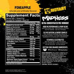 Mutant Madness Pineapple ingredients on label highlight vitamins and electrolytes.